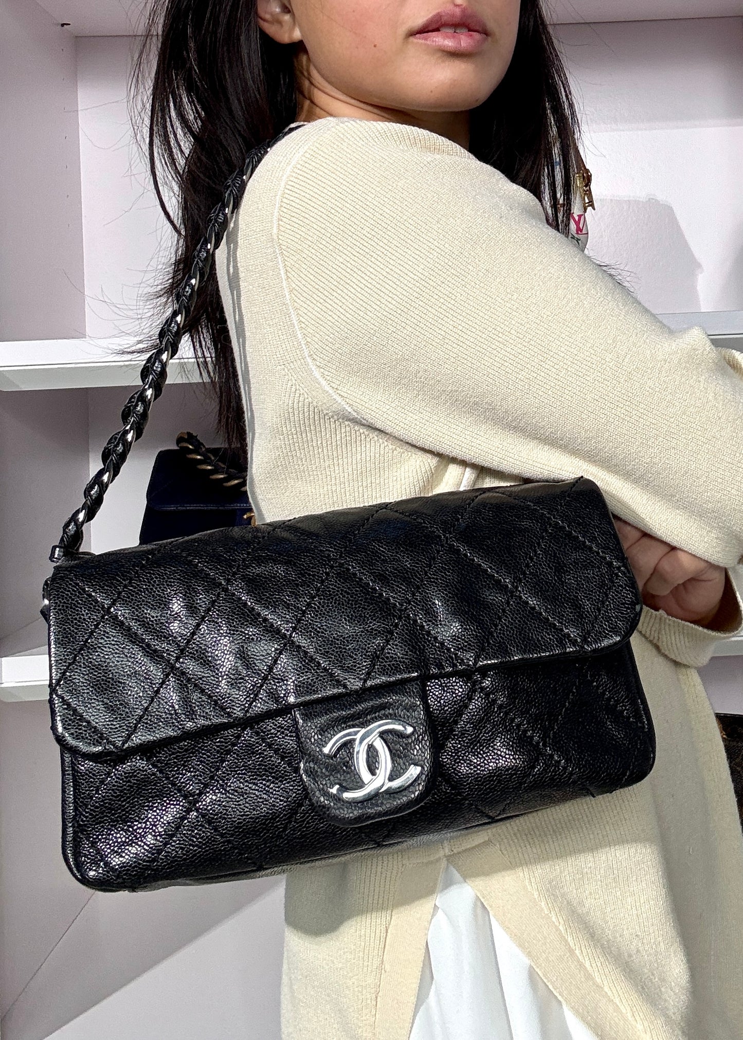Chanel Glazed Caviar Quilted Modern Chain Flap Black
