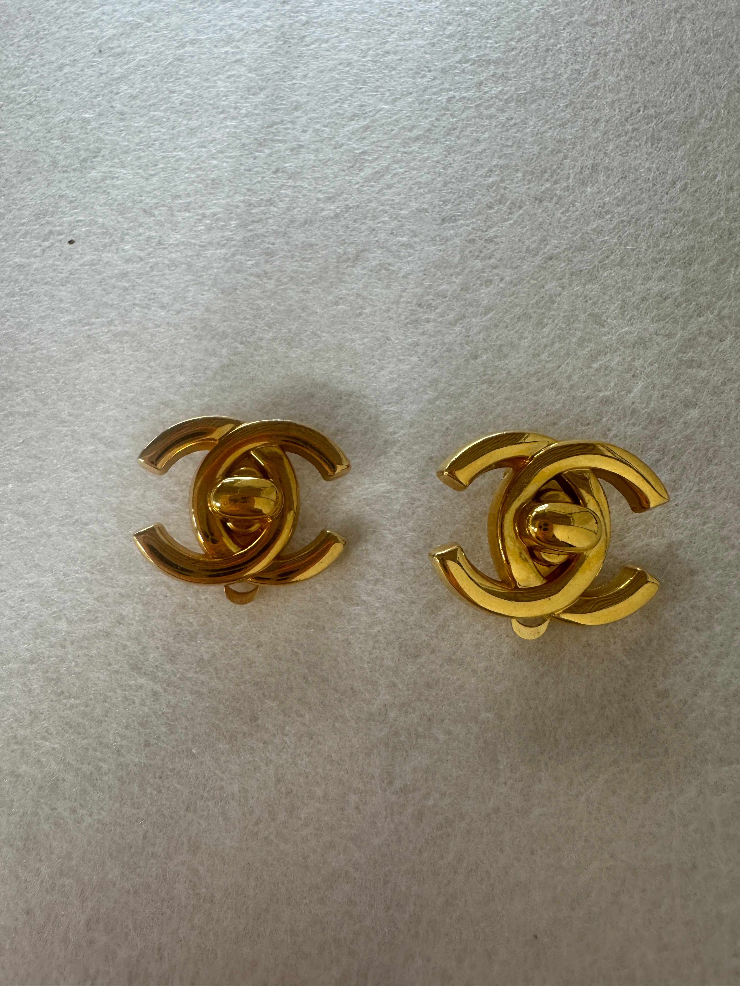 Gold Plated Vintage Coco Mark Turnlock Earrings