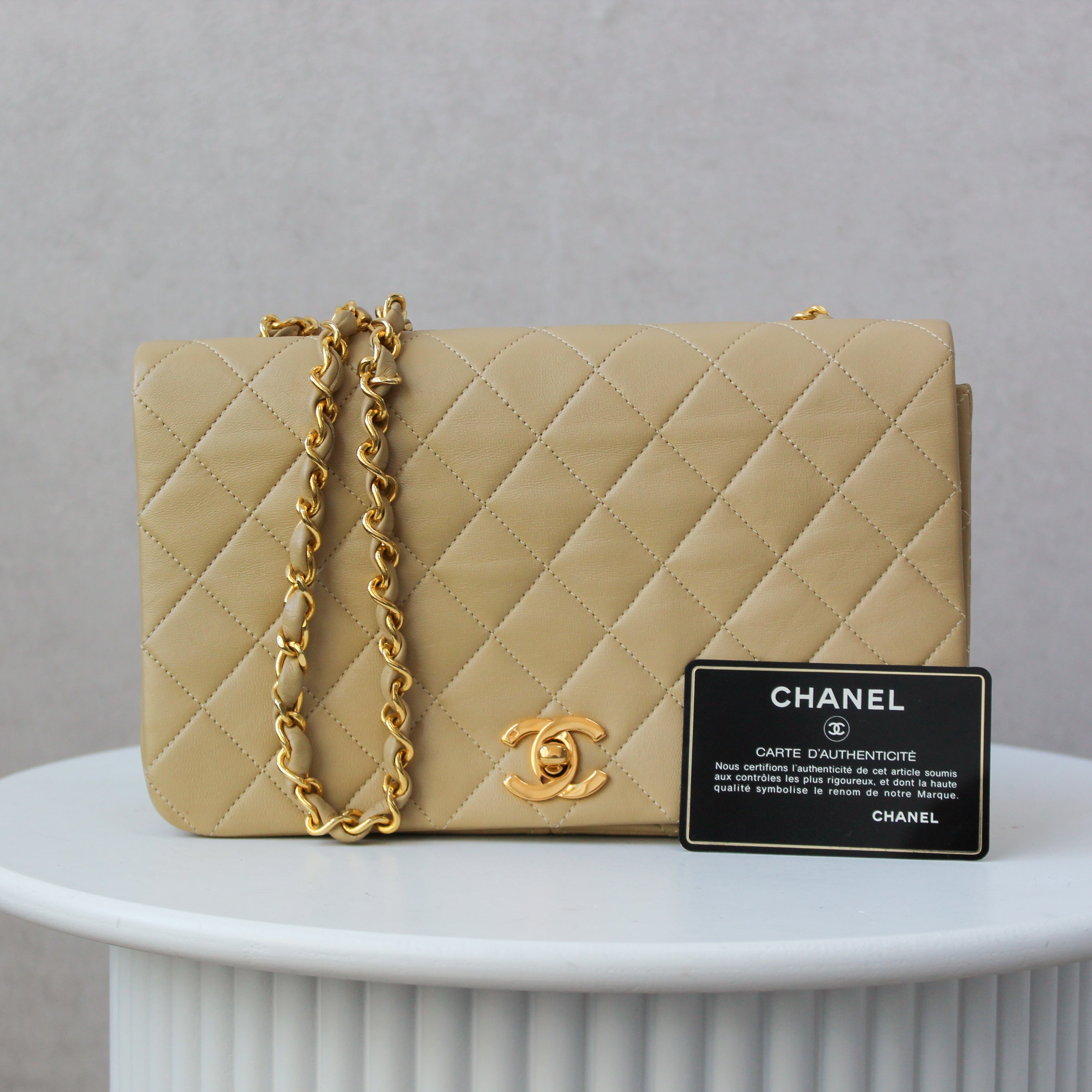 Chanel Full Flap Beige 24k ghw Crossbody (1989-1991)